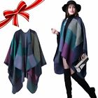 Women's Color Block Shawl Wrap Open Front Poncho Plaid Sweater Poncho Cape