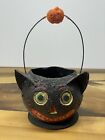 Rare Antique Vintage Halloween Paper Mache Jack O Lantern JOL Face Black Cat