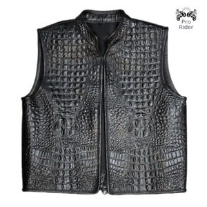 New Men's Black Crocodile Embossed Leather Concealed Biker Fashion Vest