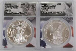 2021 $1 2 Coin Type 1 & Type 2 Silver Eagle ANACS MS70's Set A First Strike Coin