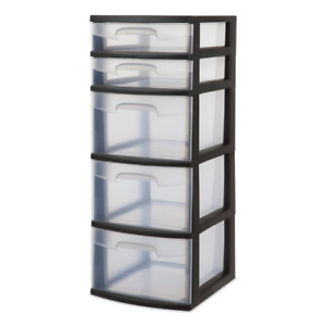 Sterilite Plastic 5-Drawer Tower Black with Clear Drawers Adult Storage tower