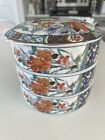 Vintage Japanese Kumari Imari Porcelain Bento Box 3 Tier Stacking Bowls W/Lid