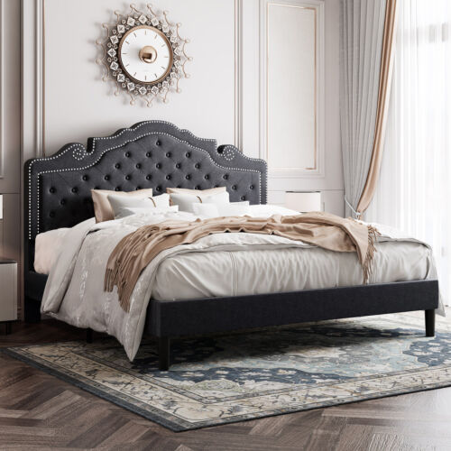 Sifurni King Size Platform Bed Frame with Fabric Upholstered Headboard