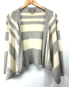 Ply 100% Cashmere Cardigan Womens XS Gray Off White Open Striped Sweater