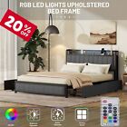 Queen Bed Frame with LED Headboard, Upholstered Bed with 4 Storage Drawers+USB