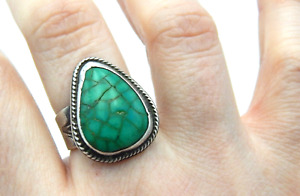 Old Pawn Southwestern Navajo Sterling Silver Green Spideweb Turquoise Ring sz8.5