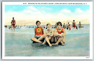 North Carolina - Bathing in Atlantic Ocean, Carolina Beach - Vintage Postcard