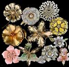 VTG METAL FLOWER BROOCH PIN LOT ~ GOLD SILVER PINK GREEN YELLOW IRIDESCENT WHITE