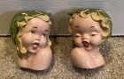 2 Vintage Pair of Ucagco Japan Lady Face Vase Little Girl Face with Leaf Hats