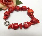 SILVER TONE, CHUNKY RED CORAL BEAD BRACELET 8