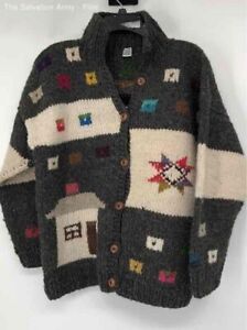 Tejidos Pineda Mens Multicolor Abstract Wool Knitted Cardigan Sweater Size M/L