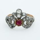 Victorian Crown 18k and Platinum Ring, Lab Created Ruby, Natural Rose Diamonds