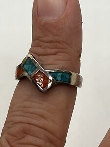 Sterling Silver 925 Coral Turquoise Inlay Band Ring Signed Pj Or Jp Sz 8.25