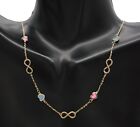 Real 14K Yellow Solid Gold Infinity Multicolor Enamel Hearts Necklace 16''- 18''