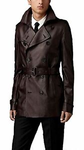 Men's Brown Double-Breasted Vintage Sheepskin Leather Belted Formal Trench Coat