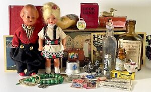 Vintage Junk Drawer-Pharmacy, Stamps, Minis, Dolls, Postcards, Novelty Items