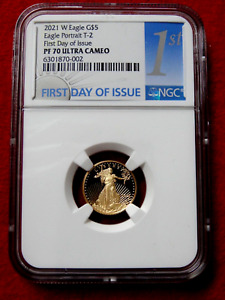 2021 W $5  GOLD EAGLE FIRST DAY ISSUE NGC PF70 ULTRA CAMEO T2  ITEM #002