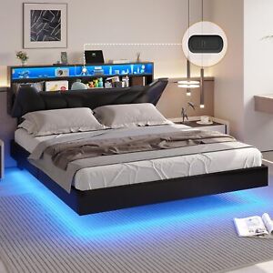 Floating Bed Frame with Led Lights Upholstered Platform Hidden Storage Headboard