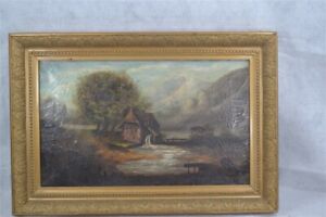 antique oil painting country scene realistic old mill mountains 19th c original