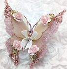 Large Butterfly Christmas Ornament Shabby Victorian Cottage Pink Rose Glitter