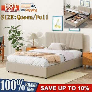 Full/Queen Bed Frame with Lift Up Storage and Modern Tufted Headboard  Beige