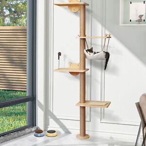 Wall-Mounted 4-Tier Cat Scratching Post Cat Activity Tree with Platforms Hammock