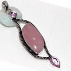 925 Silver Plated-Rose Quartz Pink Kunzite Ethnic Long Pendant Jewelry 3.5