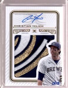 CHRISTIAN YELICH 2023 Topps Definitive Ultra Game Used 3Clr Logo Patch Auto #/13