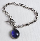 Vintage Sterling Silver Blue Cabochon Gemstone Charm Chain Toggle Bracelet 7.5