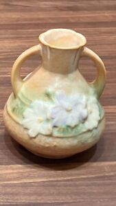 New ListingVintage Roseville Pottery 4” Double Handle Bud Vase, Tan With Cosmos