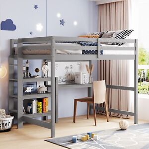 Wooden Twin / Full Size Loft Bed with Desk Storage ShelvesWriting Board for Kids