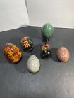 Lot of 6 - Vtg Alabaster Marble & Painted Wood Eggs Stone Multicolor With Stand