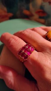 .925 Sterling Silver Vermeil Fuschia Hot Pink 9 Crystals Ring - Sz 10 - 7.92 g