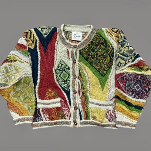Coogi Australia Y2K Vintage 3D Knit Cardigan Multicolored Sweater Size Small.