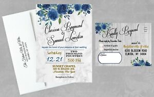 Wedding Invitations Personalized Navy Blue Gold Rustic Set of 50 with RSVP Cards