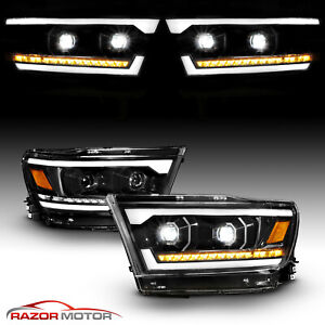 [Sequentail LED] For 2019-2023 Dodge Ram 1500 Black DRL Headlights Pair L+H (For: 2019 Ram)