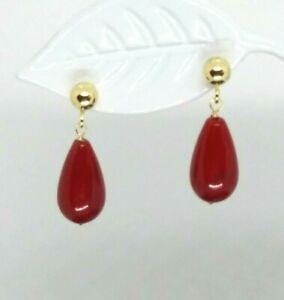 14k Solid Yellow Gold Red Coral Teardrop Dangle Earrings w/ball post