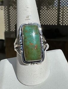 KINGMAN GREEN TURQUOISE Sterling Silver Ring, Navajo, Signed 'AB' , sz 9 3/4