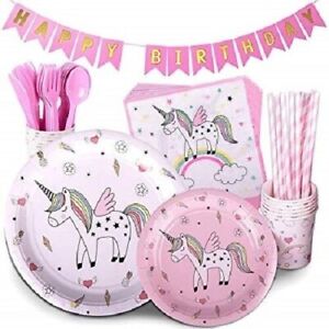 Girls Unicorn Birthday Party Kit Tableware Plates Cups Napkins Straws Banner