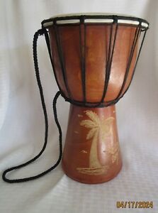 Mahogany DJEMBE DRUM w/ Shoulder Cord Hand-Etched PALM TREES made in the Bahamas