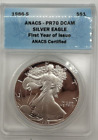 1986-S PROOF SILVER EAGLE ANACS PR70 DCAM FIRST YEAR OF ISSUE BLUE LABEL