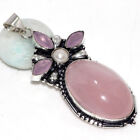 925 Silver Plated-Rose Quartz Pink Chalcedony Long Pendant Jewelry 2.6