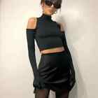 Paloma Lira Cold Shoulder Turtleneck Crop Top with Gloves in Black NWT S $252