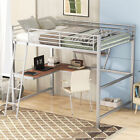 Modern Full Size Metal Loft Bed with Desk and Storage Shelves - Silver