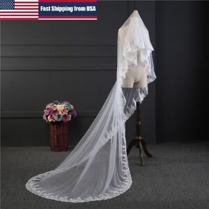 3M White Wedding Cathedral Bridal Veils Beautiful Long Veil with Lace Edge USA