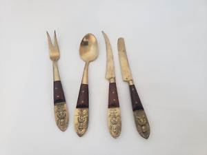 Set Of 4 Vintage Thai Siam Brass Bronze Wood Handle Silverware