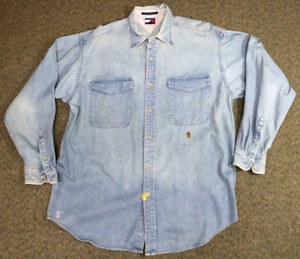Vintage 90's Tommy Hilfiger Men's Size L Blue Denim Jean Button Shirt Crest Logo
