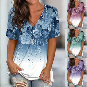 Women Summer V Neck Floral Tunic Tee Short Sleeve Blouse Shirt Tops Plus Size *