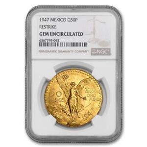 Mexico 1947 Gold 50 Peso NGC Gem Uncirculated gem graded 1.2057 oz AGW coin