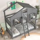 Twin over Twin House Bunk Bed With Roof,Window,Door,Safety Guardrails & Ladder